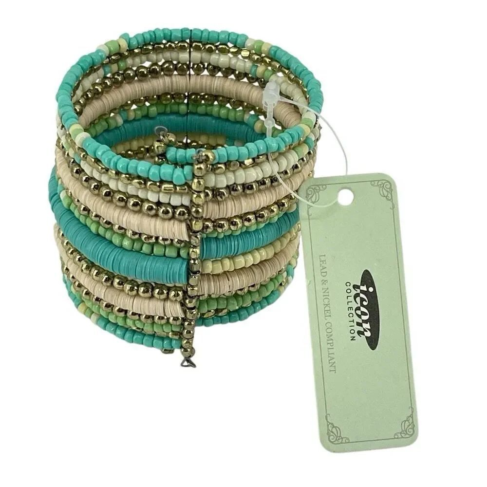 Icon Collection Boho Teal Cream HeishiâBead Multi-Layer Wrap Cuff Bracelet NWT